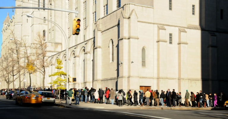 Bob-Avakian Cornel-West Dialogue Riverside-Church-Exterior-Crowd-Around-The-Corner 11152014 Photo-Credit Revcom 767x400