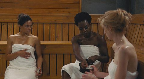 Photo (left to right: Michelle Rodriguez, Viola Davis, and Elizabeth Debicki in the movie Widows  