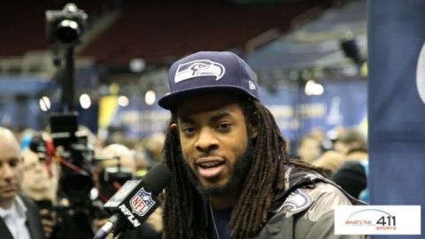 Richard Sherman Seattle Seahawks cornerback talking with the media at Super Bowl Media day 2014