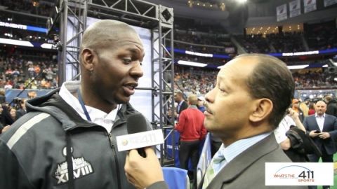 DENVER BRONCOS ASSISTANT COACH SAM GARNES TALKING WITH ANDREW ROSARIO